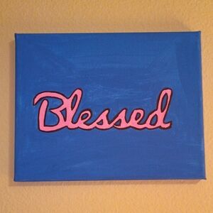Handpainted Blue Canvas Art with Pink 'Blessed' Text Acrylic Painting Signed